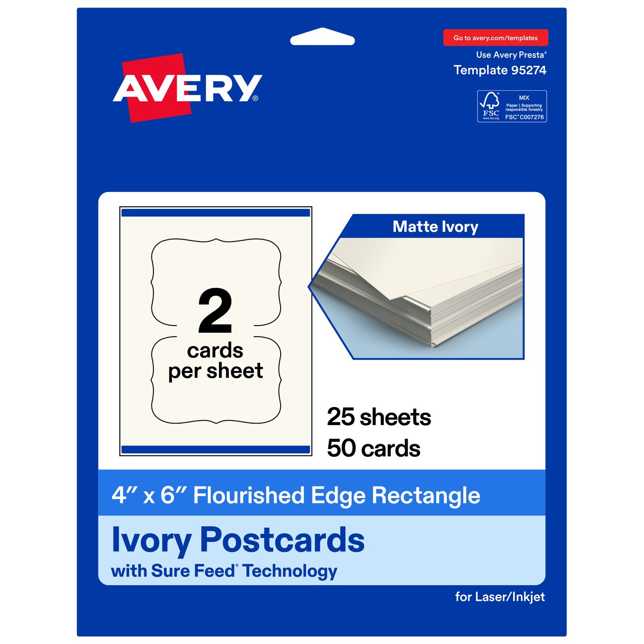 Avery 4" x 6" Rectangle Flourished Edge, Matte Ivory Postcards